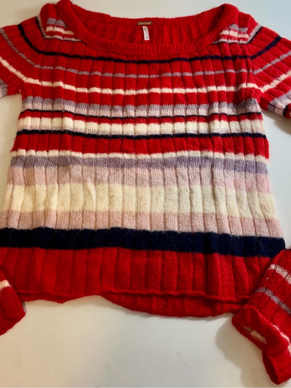 Free People Red Multicolor Striped Rib Knit Crew Sweater